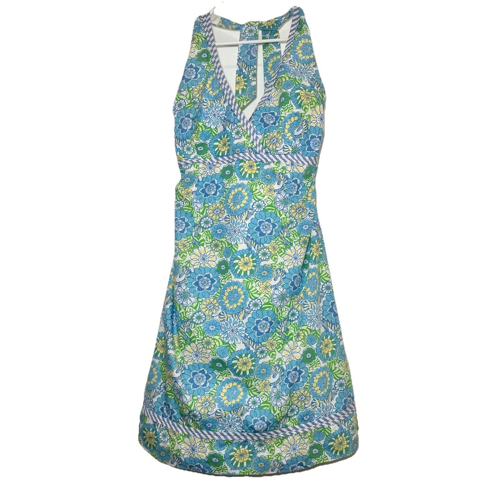 Lilly Pulitzer Hidden Zebra Halter Dress Womens 14 Blue Green Floral Cotton
